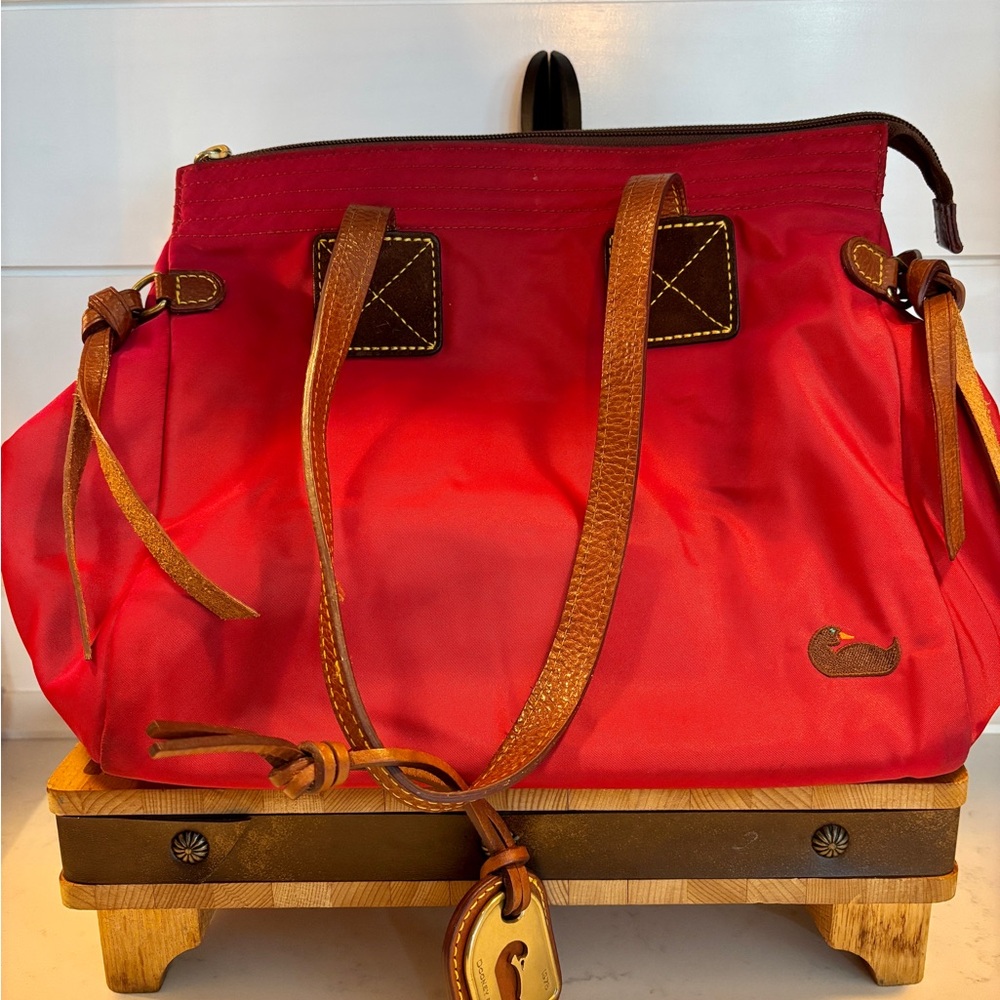 Dooney & Bourke Red and Brown Tote with Leather Accents